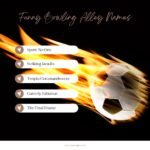 List of Funny Bowling Alley Names displayed with a flaming bowling ball on a black background. Names include: Spare No One, Striking Results, Tenpin Commandments, Gutterly Fabulous, and The Final Frame.