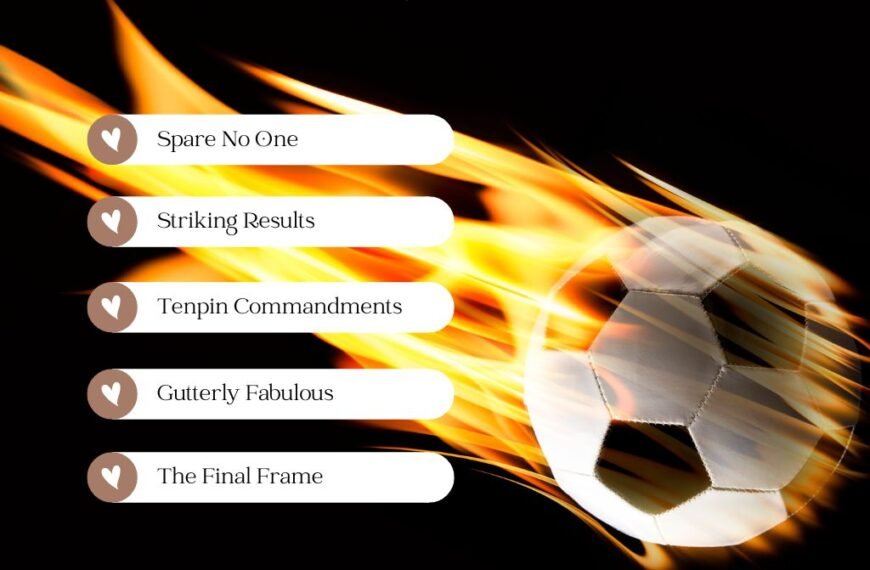 List of Funny Bowling Alley Names displayed with a flaming bowling ball on a black background. Names include: Spare No One, Striking Results, Tenpin Commandments, Gutterly Fabulous, and The Final Frame.